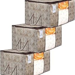 Kuber Industries Rectangular Metallic Printed 3 Piece Non Woven Underbed Storage Bag, Storage Organiser, Blanket Cover with Transparent Window (Extra Large, Golden and Brown) CTKTC134518-15