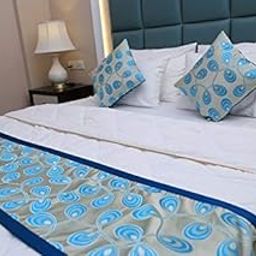 MKS INDIA Design, PC Fabric Bed Runner with 2 Cushion Cover (Blue and Sky Blue)-image-3