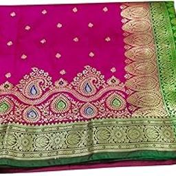 Women's Banarasi Satin Silk Saree Emroidery Work Pink Saree Green Blouse Elegant Thread Work Smooth Cloth-image-11
