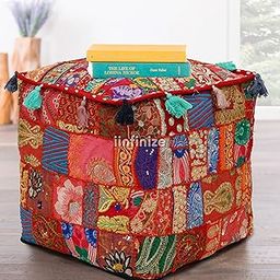 iinfinize Cotton Bean Bag Cover Ethnic Handmade Pouffe Cover Embroidered Rajasthani Foot Stool Pouf Cover Home Decor Indian Patchwork Ottoman Cover Living Room Decor (16x16x16 Inch)-picture-19