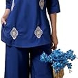 Women's Royal Blue Floral Embroidered Co-ord Set, Short Sleeve Top with Pants, Office Wear-39