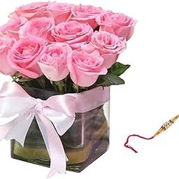 Floral Fantasy® Original Real Fresh Flower Bouquet For Rakhi Gift (Bunch Of 12 Pink Roses in Glass Vase with one Rakhi)-image-31