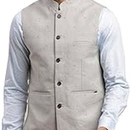 Men Cotton Linen Heather Grey Self Design Casual Nehru Jacket-image-17