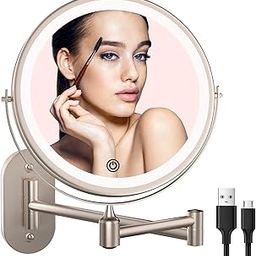 Wall Mounted Lighted Makeup Vanity Mirror 8 inch 1X/10X Magnifying Mirror with 3 Color Lights, Double Sided Bathroom Mirror with Dimmable LED Lights, Shaving Light up Mirror Nickel-15