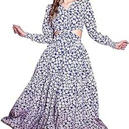 Women's Crepe Fit and Flare Printed Full Sleeve V-Neck Casual Dress-image-28