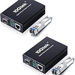 A Pair of Gigabit Single Mode LC Fiber Media Converter, with 2 Pcs SFP LX Modules, 1.25G/s Fiber to Ethernet Converter, 1000Base-LX to 10/100/1000base-TX, SFP to RJ45, SMF, 1310nm, up to 20km-24