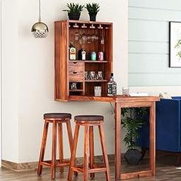 FLATU ART Furniture Solid Wood Bar Cabinet with Folding Dining Table for Home | Wall Hanging Design Mini Bar & Table for Living Room, Brown-image-31