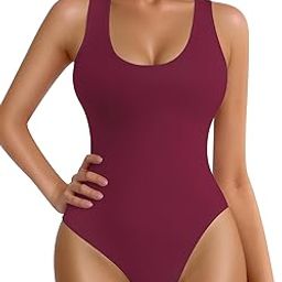 Women's Scoop Neck Ribbed Racerback Tank Top Bodysuits (Burgundy, Medium)-image-44