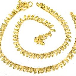 MEENAZ Traditional gold plated Ghungroo Single Leg Chain Golden Anklets payal girls women ladies bridal pajeb Payjeb Painjan Pattilu -ANKLET PAYAL-AME01, Yellow (GOLD ANKLETS PAYAL-AME01)-55