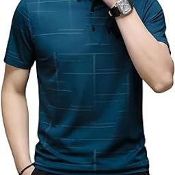 Men's Irregular Geometric Pattern and Alphabet Print Sports Collar Tshirt (Rizim Mens VW Check Polo-Blue)-image-12