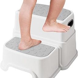 JUKKRE Two Step Stool for Kids With Handle, 3 in 1 Anti-Slip Potty Training, Plastic Safety Sturdy Bottom for Bathroom, Kitchen, Toilet (Grey)-image-44