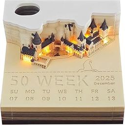 najoane 2025 Desk Calendar With LED Lights, Paper Carving 3D Castle Calendar Notepad, Tear-Away Notepad, DIY Paper Carving Art Craft for School/Home/Office (2025 Edition)-picture-11