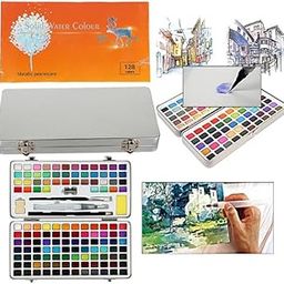 LEROKAS Portable Solid Water color Paint Set 128 colors Sketch Watercolor Palette Kit & Storage case-image-50