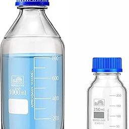 Bello Borosilicate Glass reagent bottle 1000ml & 250ml with leak proof Blue Screw Cap pack of 2 for glassware wide mouth chemical bottles for lab, laboratory, kitchen and professional use-16