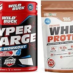WILD BUCK Hyper Charge Pre-X4 Hardcore Pre-Workout Supplement Powder with Creatine Monohydrate, Arginine AAKG, Beta-Alanine, Caffeinated Punch -For Men & Women [40 Serv, Watermelon Twist] + Wild Buck Whey 100% Whey Protein - 24g Protein Isolate & Concentrate Blend & 5.43g BCAA [Caramel Chocolate, 1 kg]-image-67