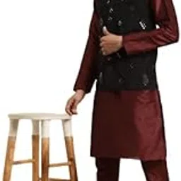 sojanya (Since 1958 Men's Silk Blend Maroon Kurta & Churidaar Pyjama with Black Nehru Jacket Set-picture-48