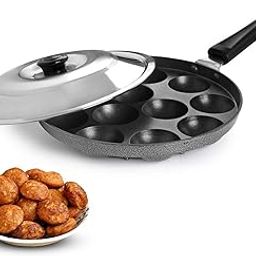 AADHIK Non-Stick 12 Cavity Appam Patra Paniyarakkal One Side Handle with Steel lid, Aluminium Appam Maker, Panayirakal- Grey-0