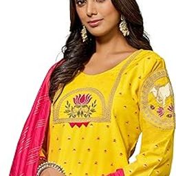 Women's Straight Chanderi Cotton Embroidered Kurta Pant with Dupatta Set-image-31