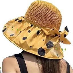 Wide Brim Womens Sun Straw Hat, Polka Dots Summer Bucket Hat Foldable Hat for Fishing Hiking Garden Beach UV Protection, Yellow, Medium-image-45