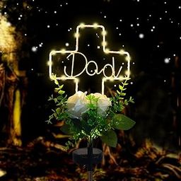 Lmtocs New Version Cross Solar Garden Lights with Rose Flowers, Solar Cross Grave Decorations for Cemetery Dad, Cross Memorial Grave Sign Marker for Christmas Father Day Memorial Day Grave Decor-image-19