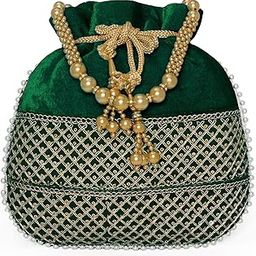 Green Zari Sequence Potli Bag with Beads Motif Handle for Women Handmade Handbag Stylish Bride Fashion Wristlet Bag for Girl-image-68