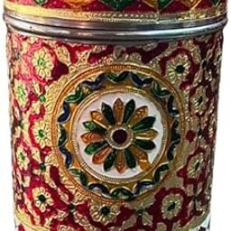 Kailash Enterprises Decorative Handmade Meenakari Jar Stainless Steel Peacock Design Kitchen Storage Container, 17 cm x 13 cm, Red and Gold-image-78