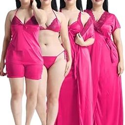 Women's 4-Piece Satin Nightwear Set, Long Robe with Nighty, Shorts and Lingerie, Wine Brown-image-84
