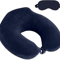 Navy Blue Raised Memory Foam Travel Neck Support Rest Pillow - Soft Washable Cover, Versatile Comfort for Airplane with Included Eye Mask-17