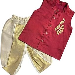 Baby Boy Cotton Silk-Tissue Kasavu Cotton Shirt with Dhoti pant (Peacock-Sleeveless)-image-35