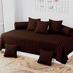Brown Coloured Microfibre Diwan Set of 8 Pieces Including Diwan Bedsheet with 2 Bolster Covers and 5 Cushion Covers, Striped Diwan Cover Set for Living Room and Hall for Home Decor-image-59