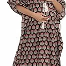 ikk kudi by seerat Women's Jaipuri Printed 100% Cotton Feeding Kaftan with Invisible Zip | Feeding/ Maternity/ Nursing Nightdress/ Nighties Sleep Wear - Floral Boota- Color- Black-picture-10