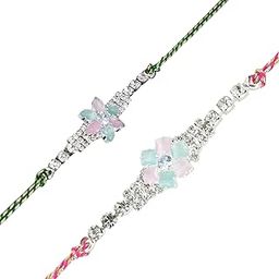 Premium Handcrafted AD Diamond Rakhi Set of 3 for Brother, Colourful Pure Cotton Thread Festive Bracelet Style Designer Combo Rakhi with Roli Chawal and Rakshabandhan Greeting Card-17-image-40