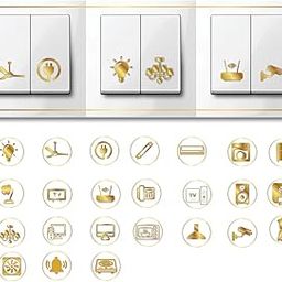 7 LM Gold Switch Stickers Golden Embossed for Switch Board | 24 Style Pack of 84 Stickers for Home Including Fan, Light, Ac and Many More.-image-54