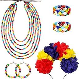 6 Pieces Women's African Jewelry Set 2 Multicolor Rasta Beaded Bracelet 2 Bead Hoop Earrings Floral Flower Crown Jamaica Boho Wood Bead Layered Necklace for Girls, wood, metal, wood, metal-image-17