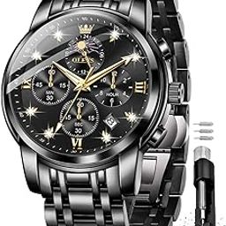 Chronograph Watches for Men Original Analog Quartz Black Stainless Steel Chain Luxury Dual Time Zone Moon Phase Date Waterproof Men's Wrist Watch-3