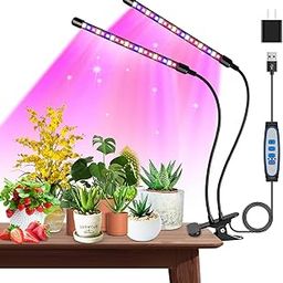 Garpsen Grow Lights for Indoor Plants, Grow Light with Red Blue Full Spectrum, 2 Heads Clip 40 LEDs Plant Light for Indoor Plants, 3 Switch Modes & Auto ON/Off, 6 12 16H Timer, 5 Dimmable Levels-46