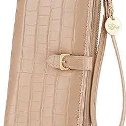 Women Long Wallet Croc-Embossed PU Leather Wallet Zip Purse Multifunction Organizer Card Holder Clutch with Phone Pocket (Beige)-98