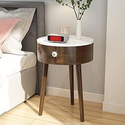 MONDAY MORNING Nightstand, Small End Table with Storage Side Tables Bedside Table Mid-Century Modern Style Coffee Table for Living Room Bedroom Balcony Office (Round Brown & White)-18