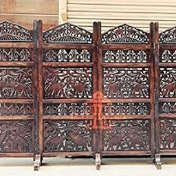 WoodCraftia Wooden Room Divider Partition - Foldable Screen Privacy Separator for Living Room, Bedroom, Office, Studio Area - Elephant Design, Brown 4 Feet (4 Panel with Stands)-image-21