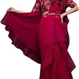 Womens And Girls Apple Organza Silk Lahenga Saree With Full-Stitched Blouse With Embroidery Work Dark Gajri pink Color-16