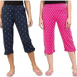 Happy Shopping - (Pack of 2) Women's Cotton Capri Pyjamas Nightwear Capri for Girls and Printed 3/4 Pyjama, (fits from 28-36 inches Waist), Prints May Vary (Assorted Colours) R Loose-image-95
