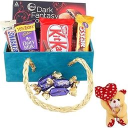 SFU E Com 9 Pieces Premium Chocolate Celebration Hamper | Valentine Heart Teddy Bear With Chocolate Combo | Valentine Chocolate Hamper | 221-25