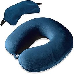 2 in 1 Combo Microfiber Travel Neck Pillow for Men & Women with Eye Mask | U-Shaped Neckrest for Travelling | Neck Pillow for Flight Travel, Car & Train | Navy Blue-0