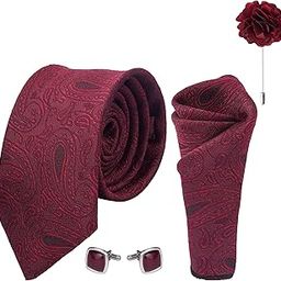 Men's Microfibre Italian, Floral Printed Necktie Tie With Pocket Square,Lapel Pin,Cufflinks (Leatharite Gift Box) (Pack of 4)(Red)-54
