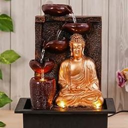 CHRONIKLE Polyresin Golden Brown Meditating Buddha Tabletop Indoor 4 Diya Steps Water Fountain for Home Decor with Yellow LED Light & Speed Controller Pump (Size: 40 x 29.5 x 22CM | Wt: 2685grm)-6