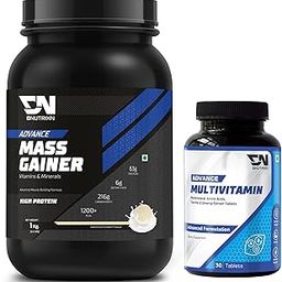 DNUTRIXN Advance Mass Gainer | High Protein with Digestive Enzyme & Multivitamin + Multivitamin Tablets 30N | Combo Pack (1kg, Vanilla Ice-Cream)-1