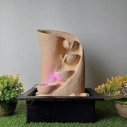 Merupam Three Step Tabeltop Diya Waterfall Water Fountain with Multicolor LED Light Indoor Water Fountain for Home Decor Decoration Showpiece (M-VAR) (Yellow Diya SPI)-image-99