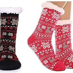 HIMAYASPS Warm Christmas Socks for Women & Men, Mid-Calf, Fuzzy Lined, Non-Slip Grips, US Shoe Size 5-10 Pack of 2-image-81
