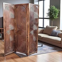 KKBM Wood Room Divider with Stand 3 Panels Handcrafted Partition Screen Decorative Folding Separator for Living Room Bedroom Office Restaurant Carved Mango Wood Privacy Panel-image-9