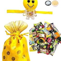 Smiley LED Rakhi for Kids, Gift Candy Potli with Personal Message & Roli Chandan Chawal Mishri Pack for Little Small Bhai Bhaiya Brother-image-25